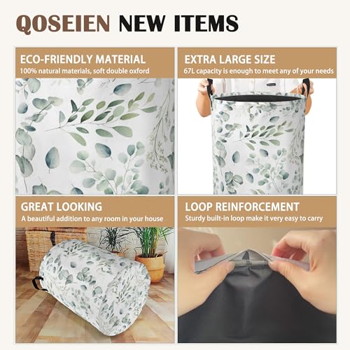 Green Eucalyptus Collapsible Laundry Baskets,Leaves Branches Laundry Hamper,Storage Basket with Handles for Bathroom Bedroom College Dormitory Living Room Nursery Organizer 16"x20" - color: Green Eucalyptus,Leaves Branches