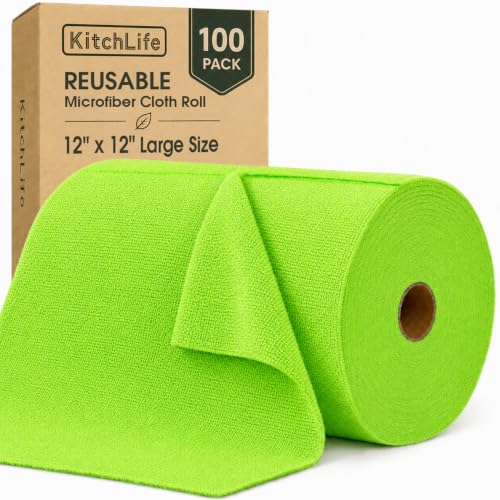 Microfiber Cleaning Cloth Roll, 100 Pack 12 x 12 Inch Tear Away Reusable Paper Towels, Thick Cleaning Towels, Absorbent Lint Free Washable Rags for Kitchen, Car, Garage and Workshop - Neon Green - color: Neon Green