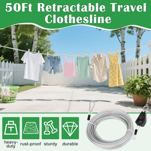 Windspeed Retractable Clothesline Outdoor Heavy Duty Travel Clothesline Retractable Clothes Line for Outside Travel Camping Cloth Line, Galvanized Steel Material, and 10 Clips, Storage Bag (50Ft) - size: 50Ft