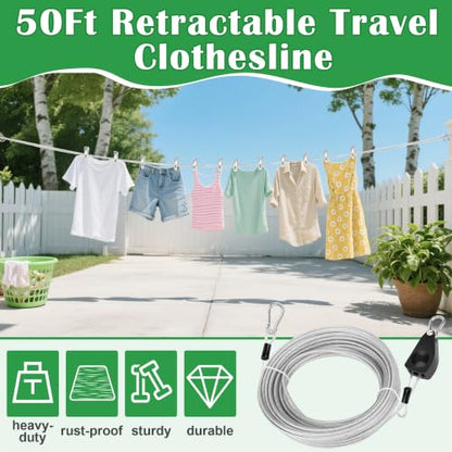 Windspeed Retractable Clothesline Outdoor Heavy Duty Travel Clothesline Retractable Clothes Line for Outside Travel Camping Cloth Line, Galvanized Steel Material, and 10 Clips, Storage Bag (50Ft) - size: 50Ft