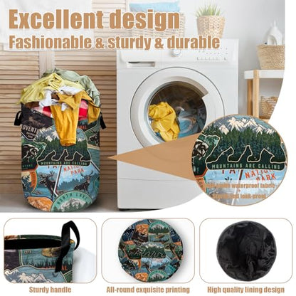 Retro Mountain Bear Laundry Basket, Foldable Wild Animals Laundry Hamper Tote Bag Dirty Clothes Storage Bucket Organizer for Bathroom/Laundry/Bedroom 15.7"x19.6" - color: Bear Deer