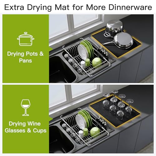 JASIWAY in Sink Dish Drying Rack with Mat, Cups and Utensil Holder - color: Silver, size: For 12"-30"w Sink, with Mat