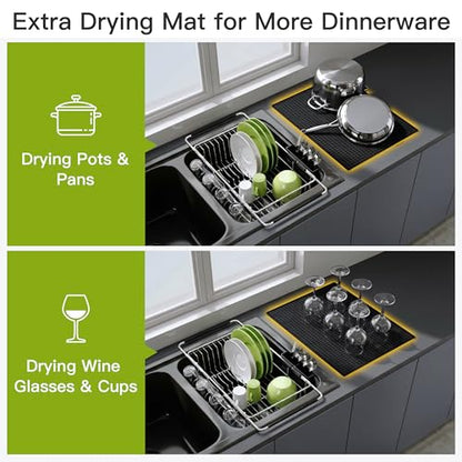 JASIWAY in Sink Dish Drying Rack with Mat, Cups and Utensil Holder - color: Silver, size: For 12"-30"w Sink, with Mat