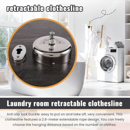 304 Stainless Steel Retractable Clothesline Indoor with 9.2FT Adjustable Nylon Rope, Wall Mounted Retractable Line String Clothes Line for Drying in Hotel, Bathroom, Laundry Outdoor Indoor