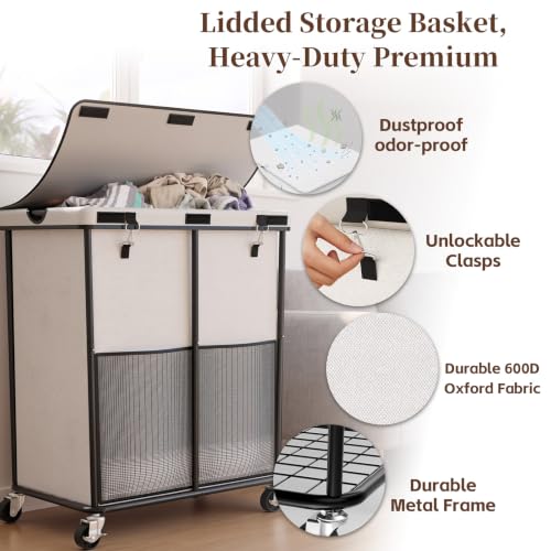 Laundry Hamper with Wheels and Lid, 225L Large Rolling Laundry Basket White - color: White, size: 225L