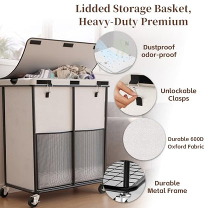 Laundry Hamper with Wheels and Lid, 225L Large Rolling Laundry Basket White - color: White, size: 225L