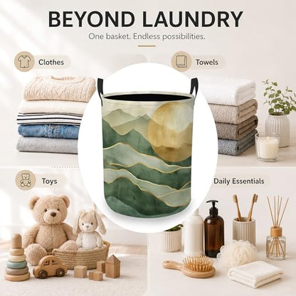 Laundry Hamper, Green Mountains Collapsible Golden Sun Laundry Baskets Waterproof Oxford Cloth With Handles, Clothes Storage Bucket For Bathroom/Bedroom 16" x 20.8" - color: Green Mountains