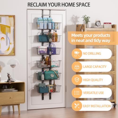 6-Tier Over The Door Organizer Metal Spice Rack Hanging Storage Pantry Organizer with Adjustable 6 Baskets, Space-Saving Behind Door Shelf for Kitchen, Bathroom, Laundry Room, Black - color: Black, size: 6-Tier