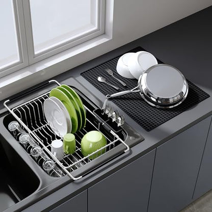 JASIWAY in Sink Dish Drying Rack with Mat, Cups and Utensil Holder - color: Silver, size: For 12"-30"w Sink, with Mat
