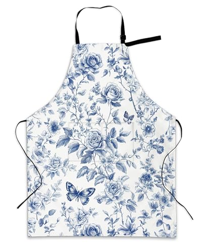Cooking Aprons for Men and Women,Adjustable Bib Chef Apron with 2 Pockets, Soft and Durability Kitchen Apron - color: Butterfly Vintage Rose Floral Blue
