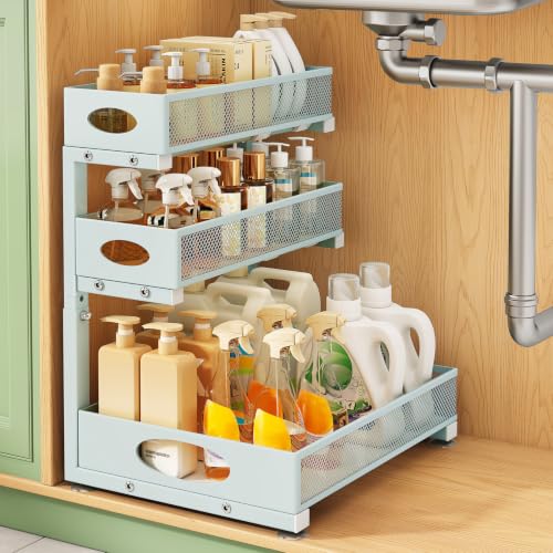 Kitstorack Under Sink Organizer 3-Tier Slide Out Drawer 1-Pack LightBlue - color: LightBlue, size: 1-Pack