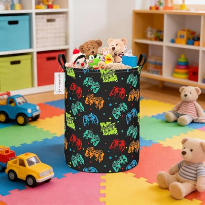 QUEENLALA Foldable Waterproof Round Fabric Laundry Basket Home, Black Game - color: Round-Black Game