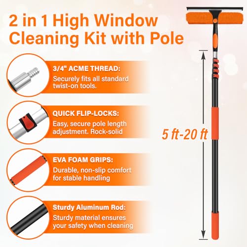 26FT Telescoping Window Squeegee Kit with Extension Pole - size: 20FT