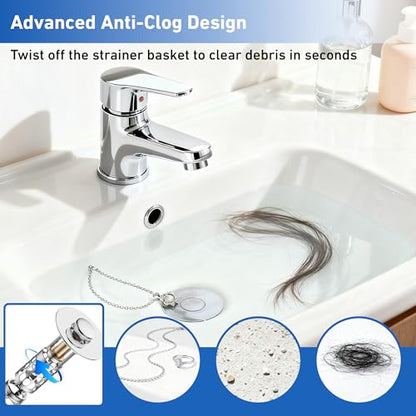 [2 Pack] Universal 3 in 1 Bathroom Sink Stopper, All Metal Pop-Up Bathroom Sink Drain Strainer with Removable Brass Basket Hair Catcher, Sink Plug for 1.1 to 1.6in Drain Holes