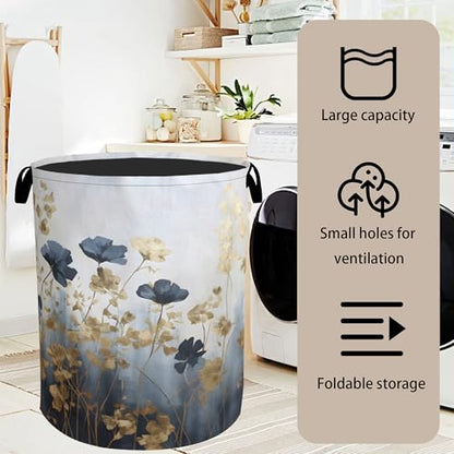 Blue Flowers Laundry Basket - Extra Large Foldable Laundry Hamper with Handles, Washable Storage Bin for Bathroom/Laundry/Bedroom/Dorm - color: Blue Luxury Flowers