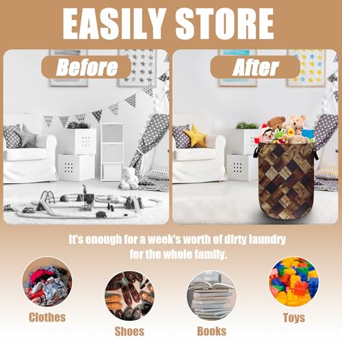 Wood Grain Laundry Basket, Foldable Tree Stump Laundry Hamper Tote Bag Dirty Clothes Storage Bucket Organizer for Bathroom/Laundry/Bedroom 15.7"x19.6" - color: Tree Stump