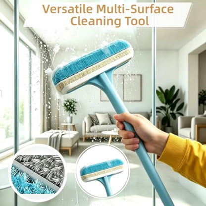 3-in-1 Window Screen Cleaning Brush with Squeegee, Mesh Screen Cleaner Tool with Detachable Handle, Dual-Purpose Wet & Dry Scrubber for Window, Patio, Door Screens (2 Pack – Lime Green + Blue)