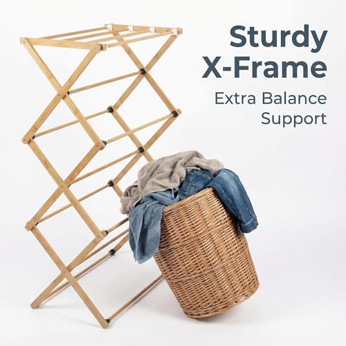 FJO Foldable Bamboo Clothes Drying Rack, 3-Tier Collapsible Laundry Clothes Hanger, Portable Wooden Drying Rack, Space Saving Indoor Outdoor, 28'' D x 15'' W x 39.3'' H, Beige