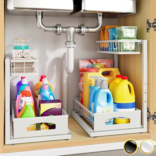 Under Sink Organizer, 2-Pack L-Shaped Metal Pull-Out Drawers for Kitchen - color: White, size: 2 Pack
