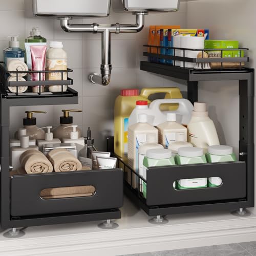 Under Sink Organizer Upgrade To Professional Rails,2-Tier Dual Pull Out Cabinet Storage,Height Adjustable Slide Out Drawers For Bathroom Kitchen,2 Pack-14.5" Dx12.8-16.9" H,Black - color: Black, size: 2 Pack-14.5"Dx12.8"-16.9"H