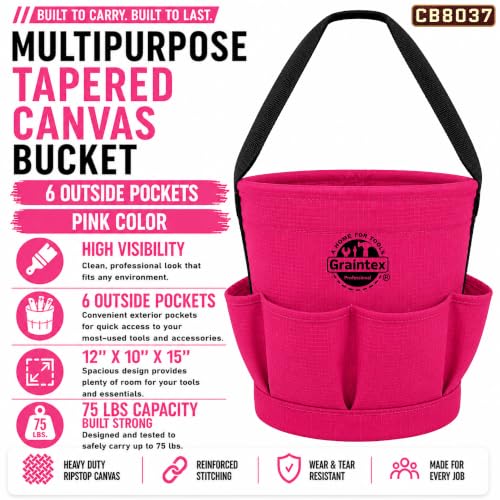 Graintex Tapered Canvas Bucket 12"x10"x15", Utility Tool Bucket 6 Pockets Outside, Reinforced Base & Carry Handle, Ripstop Canvas, Multi-Purpose Bag for Jobsite & Home Use - color: Pink