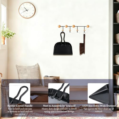 4Pcs Dust Pan and Brush Set, Heavy Duty Metal Dustpan with Wood Broom, Large 12In Black Iron Dust Pans, Handheld Broom for Pet Hair, Car, Patio, Office, Home Cleaning - Rubber Coated Handle