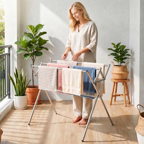 Small Drying Rack for Clothes, Compact 4 Drying Poles Foldable Laundry Rack, Stainless Steel Portable Clothes Airer for Towels, Baby Clothes, Bibs & Swimsuits, for Balcony & Laundry Room Use, Silver