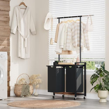 IDEALHOUSE 2-Section Laundry Sorter,Rolling Laundry Hamper with Hanging Rack & Shelf, 2× 11.7 Gal (44.3 L), Basket Organizer with Lockable Wheels,Folding Station for Bedroom, Bathroom