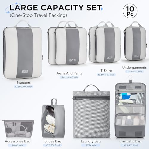 OlarHike 10 Set Compression Packing Cubes for Travel Essentials,Compressible Expandable Space Saver Bags for Organizing Clothes,Luggage Suitcase Garment Bags with Over 1000 pcs Mesh Holes(Gray) - color: Gray