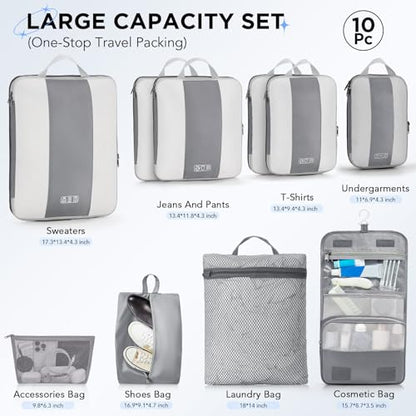OlarHike 10 Set Compression Packing Cubes for Travel Essentials,Compressible Expandable Space Saver Bags for Organizing Clothes,Luggage Suitcase Garment Bags with Over 1000 pcs Mesh Holes(Gray) - color: Gray