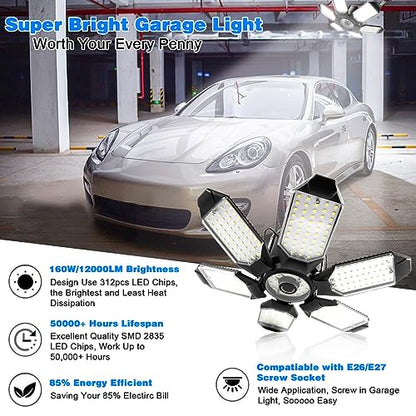 LED Garage Light - 160W LED Garage Ceiling Lights 16000LM Super Bright Garage Lighting with 6 Deformable Panels E26/E27 Screw in Led Shop Lights for Basement Workshop Warehouse Attic - size: 160W - 1Pack
