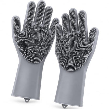Silicone Dishwashing Gloves with Scrubber Bristles, Food-Grade Cleaning Mitts for Kitchen Dishes, Pet Grooming & Car Wash - color: Grey