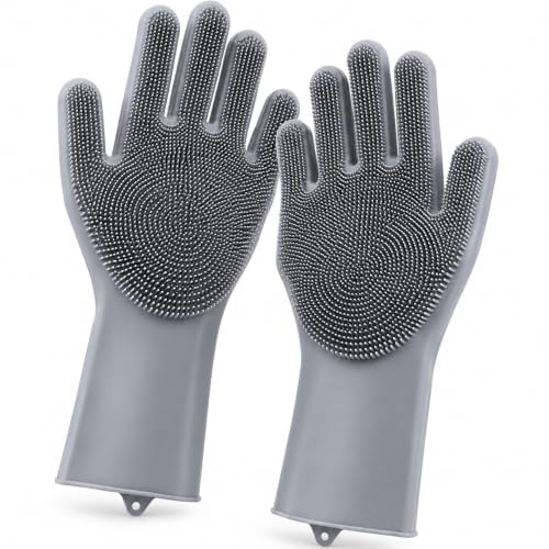 Silicone Dishwashing Gloves with Scrubber Bristles, Food-Grade Cleaning Mitts for Kitchen Dishes, Pet Grooming & Car Wash - color: Grey