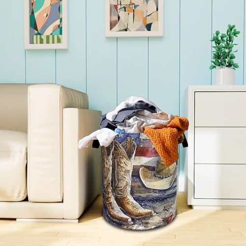 Cowboy Hat Boots American Flag Laundry Basket Oxford Cloth 18.9 x 16.5 Inch - color: Cowboy Hat Boots