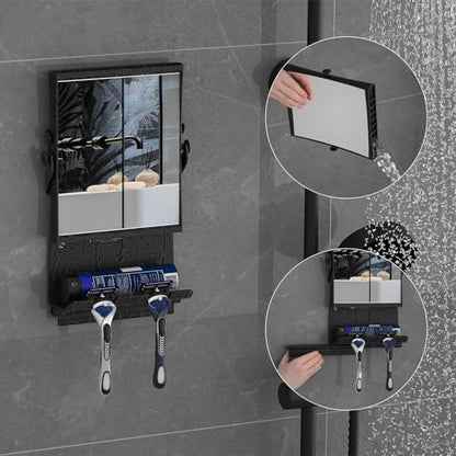 Ettori Fogless Shower Mirror for Shaving, Water-Filled Anti Fog Shower Mirror with 1X/3X Dual-Sided Magnification, No Drill Adhesive Mirror for Shower with Shelf, Razor Hooks and Squeegee, Black