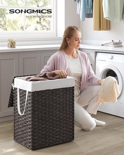 SONGMICS Laundry Hamper with Lid, 23.8 Gallon (90 L) Synthetic Rattan Clothes Laundry Basket with Lid and Handles, Foldable, Removable Liner, Chestnut Brown ULCB051K02 | Clothes Laundry Basket with Handles, Removable Liner, Chestnut Brown, ELIOTT Collecti