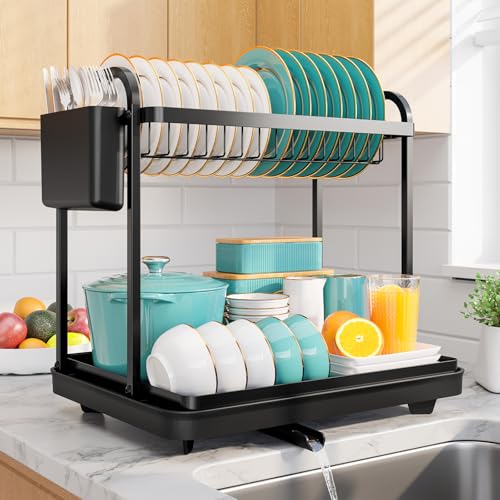 Sakugi 2-Tier Dish Drying Rack - Stainless Steel Dish Rack with Cutlery & Utensil Holders for Kitchen Counter, Sink Organization and Storage for Small Family, 15" W x 11.4" L x 15" H, Black - color: Black, size: Large