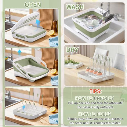 Yecuip Collapsible Baby Bottle Wash Basin w/Drying Rack & Drain Plug, Green - color: Green
