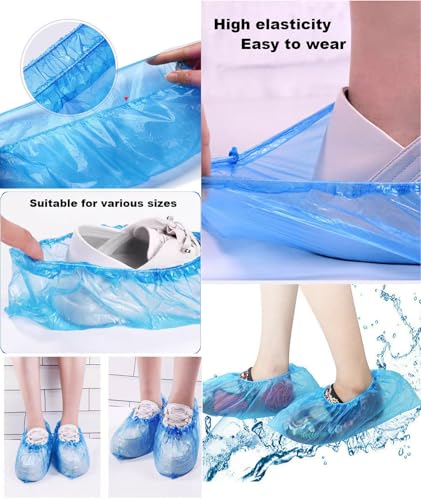 100 Pack Shoe Covers Disposable Non Slip, Premium Waterproof and Recyclable Shoe Booties Covers for Indoors, Fits Up To 9 US Men and 11 US Women Size, 50 Pairs Elastic Caps Plastic Shoe Covers