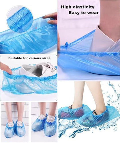 100 Pack Shoe Covers Disposable Non Slip, Premium Waterproof and Recyclable Shoe Booties Covers for Indoors, Fits Up To 9 US Men and 11 US Women Size, 50 Pairs Elastic Caps Plastic Shoe Covers