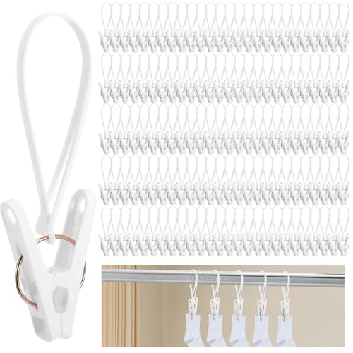 120 Pack Multi-Purpose Laundry Hooks Hanging Clips Bulk with Plastic Rope Hanger Clips for Baby Clothes Closet Organizer for Pants Hat Sock Boot Bra Towel Bathroom Wardrobe Kitchen White