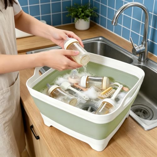 FOSJGO Collapsible Dish Basin with Drain Plug, Foldable Sink, 2.4 Gal (9L) - color: Light Green