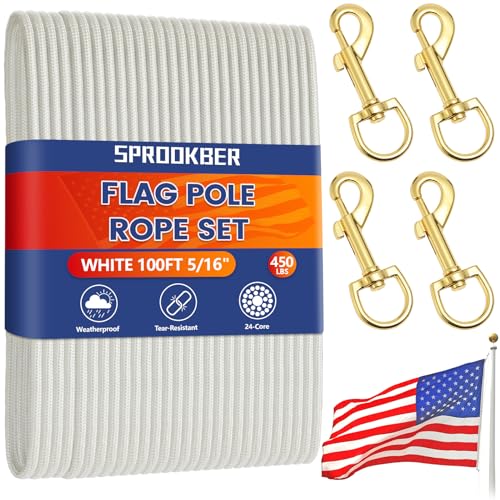 sprookber 100Ft Flagpole Rope Kit 5/16" Nylon Halyard with Swivel Snap Hook - color: White, size: 100FT