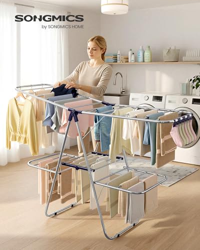 SONGMICS Clothes Drying Rack, Foldable 2-Level Stee Laundry Drying Rack - color: Silver + Blue, size: 2 Tiers（22"d x 61.8"w x 64.3''h )