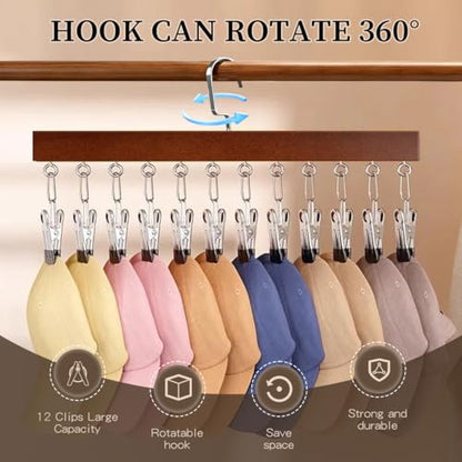 2 Pack Wooden Pants Hangers with 12 Clips, Space Saving Hanging Closet Organizer, Multi-Purpose Hanger for Leggings, Socks, Underwear, Bras, Towels, Closet Storage Solution (Retro) - color: Retro
