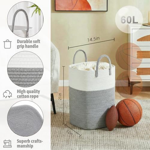 Laundry Basket,Woven Cotton Rope Laundry Hamper,Versatile Storage for Dirty Clothes,Baby Toys,and Blankets in Bathroom, Nursery,and Living Room (Grey, 60L) - color: Grey, size: 60L