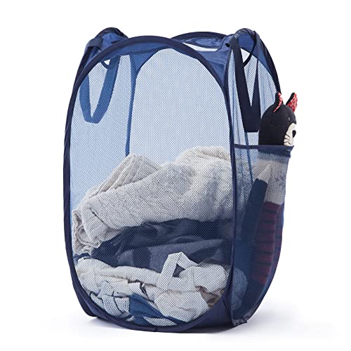 Collapsible Mesh Laundry Basket with Side Pocket & Sturdy Handles - color: Blue, size: 1 Pack