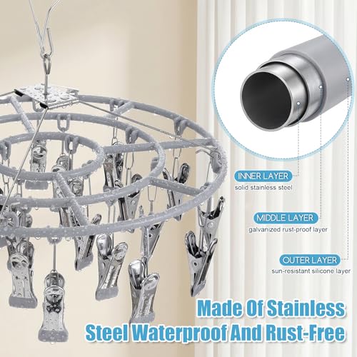 2PCS Drying Rack Clothing with 24 Clips, Metal Round Sock Hanger for Drying Hanging Clothes Dryer Underwear Hangers Racks Lingerie Bra Baby Delicates Foldable Small Indoor Laundry Dryer