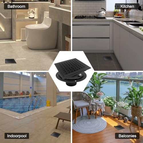 4 Inch Square Shower Drain with Flange, Removeable Grate SUS 304 Stainless Steel Shower Drain with Hair Catcher (Matte Black, 4 Inch) - color: Matte Black, size: 4 Inch