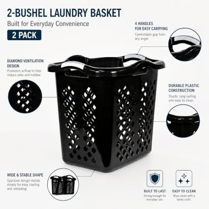 Laundry Basket 2 Pack 2 Bushel Plastic with Handles Black - color: Black 2pcs